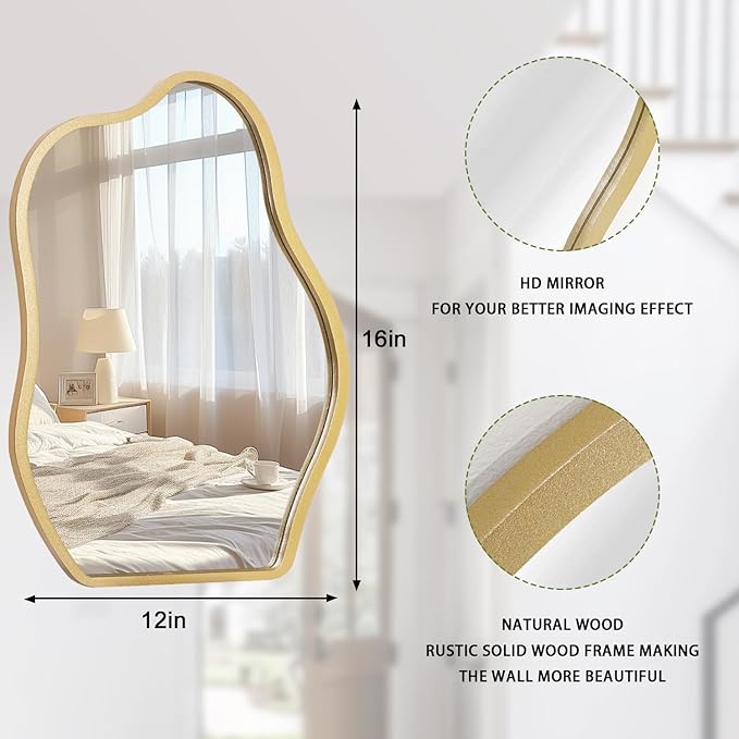 Gold Mirror for Wall Decor Cute and Stylish Unique Wooden Framed Wall Mirror Asymmetrical Vanity Artistic Cloud Mirror Decorative for Living Room Bedroom Bathroom Entryway