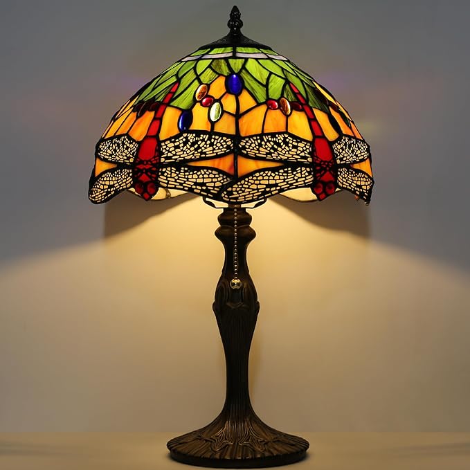 Tiffany Table Stained Glass Table Lamp 12 x 19” Bedside Reading Lamp Yellow Dragonfly Style Decorative Lamp for Desk Living Room Bedroom Office Study Light Decor Gift