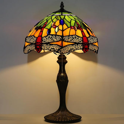 Tiffany Table Stained Glass Table Lamp 12 x 19” Bedside Reading Lamp Yellow Dragonfly Style Decorative Lamp for Desk Living Room Bedroom Office Study Light Decor Gift