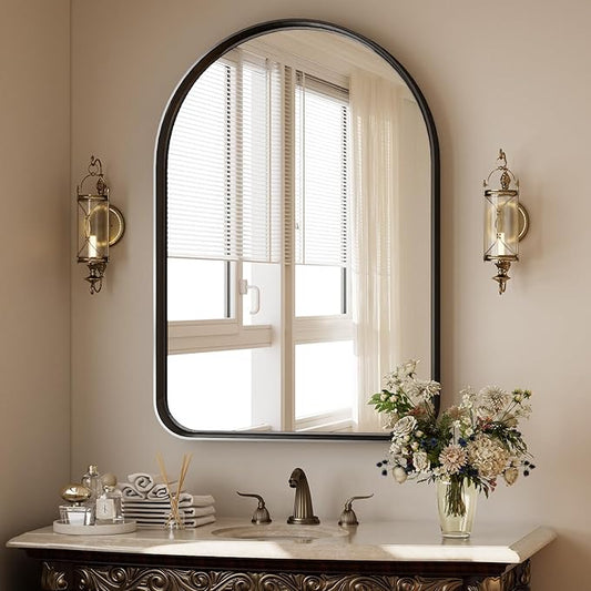 Easly 38"x26" Arched Bathroom Mirror - Modern Black Mirror for Wall with Rounded Corners, Bathroom Mirror for Vanity, Aluminum Alloy Framed Mirror - for Living Room, Bedroom, Cloakroom