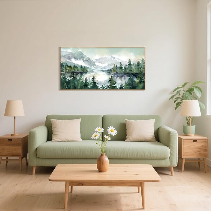 Watercolor Mountain Framed Canvas Wall Art Set, Boho Forest Wall Decor, Nature Green Pines Wall Painting, Forest Wilderness Artwork for Living Room, Bedroom, Dining Room, Office-20 x40 x1