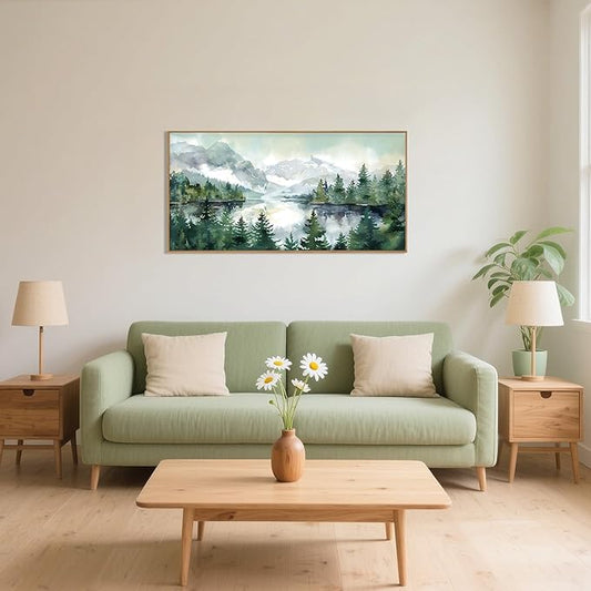 Watercolor Mountain Framed Canvas Wall Art Set, Boho Forest Wall Decor, Nature Green Pines Wall Painting, Forest Wilderness Artwork for Living Room, Bedroom, Dining Room, Office-20 x40 x1