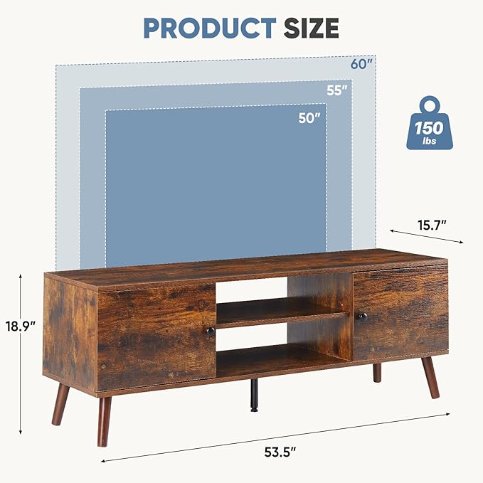 DUMOS TV Stand for 55 60 inch TV, Modern Mid Century Entertainment Center with Storage, Wooden Media Console Table with 2 Cabinets, for Living Room, Bedroom, Rust