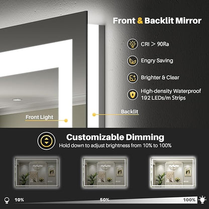 Briivue 55x36 Inch LED Bathroom Mirror with Lights, Backlit & Front Lit, Anti-Fog Lighted Bathroom Vanity Mirror for Wall, Memory Function, Dimmable, HD Tempered Glass, Shatter-Proof