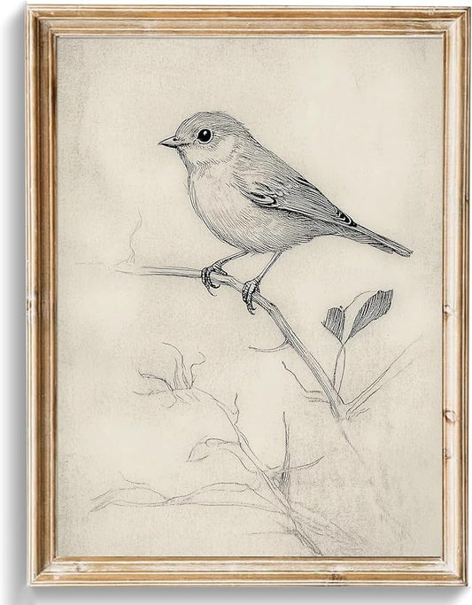 uniro Vintage Bird Sketch Wall Art Prints Farmhouse Decor Sparrow on a Branch Sketch Canvas Oil Painting Antique Bird Neutral Vintage Artwork Pictures for Bedroom Living Room Decor (8" x 10"-UNFRAMED)