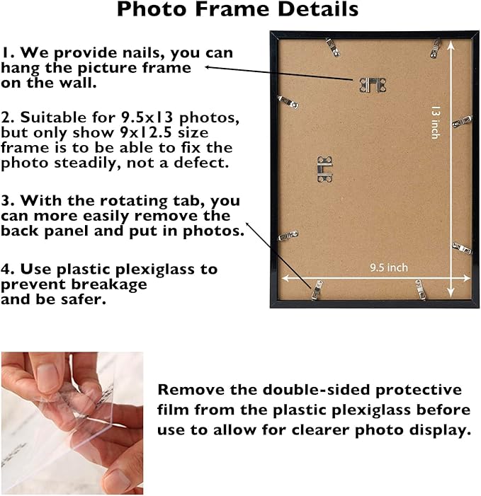 JCJMY 9.5x13 Picture Frame Set of 6 Black for Wall Hanging, Wall Mounting Horizontally or Vertically, 9.5 x 13 Wall Gallery Poster Photo Frame with Shatter Resistant Plexiglass, 6 Pack, Black