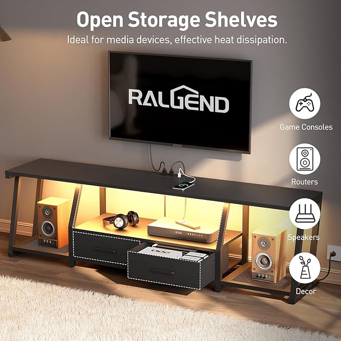 RALGEND LED TV Stand for 80 Inch TV, Entertainment Center with Open Shelves and Power Outlets, TV Console Table with Fabric Drawers, Media Console for Living Room, Bedroom, Black