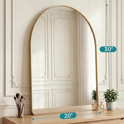 OLIXIS Arched Bathroom Mirror for Over Sink, 30x20 Inch Wall Mirror Arched Rounded Rectangle, Modern Wall Mount Vanity Mirror with Matte Metal Deep Framed, for Home Decor, Living Room, Gold