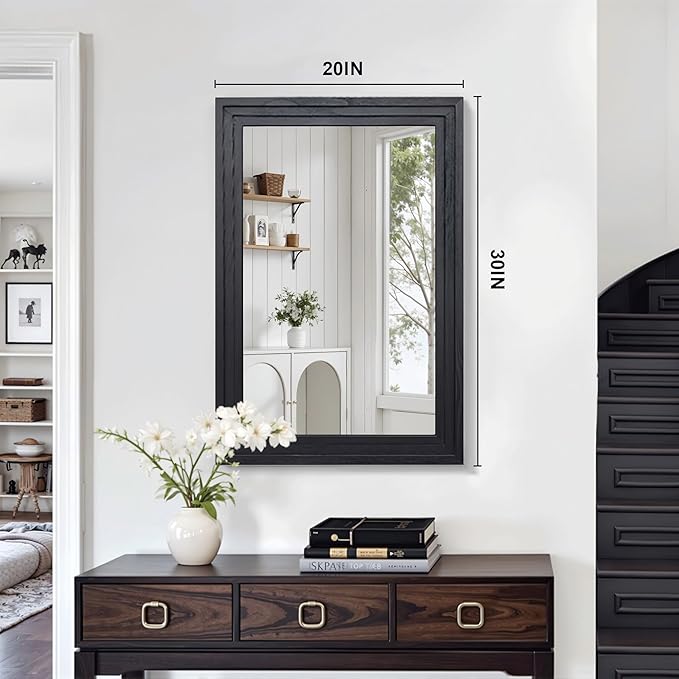 Wood Framed Mirrors for Wall, Black Bathroom Vanity Mirror for Over Sink 20 x 30, Vintage Wall Mirror for Bathroom Sink Hallway Entryway Bedroom Living Room Farmhouse Boho Style