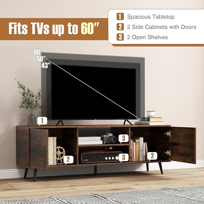 Tangkula TV Stand for 60" TVs, Entertain Center w/Power Outlets, Mid Century Modern Media Console Table w/Adjustable Shelf, 2 Cabinets & Metal Support Legs for Living Room Bedroom (Rustic Brown)