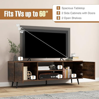 Tangkula TV Stand for 60" TVs, Entertain Center w/Power Outlets, Mid Century Modern Media Console Table w/Adjustable Shelf, 2 Cabinets & Metal Support Legs for Living Room Bedroom (Rustic Brown)