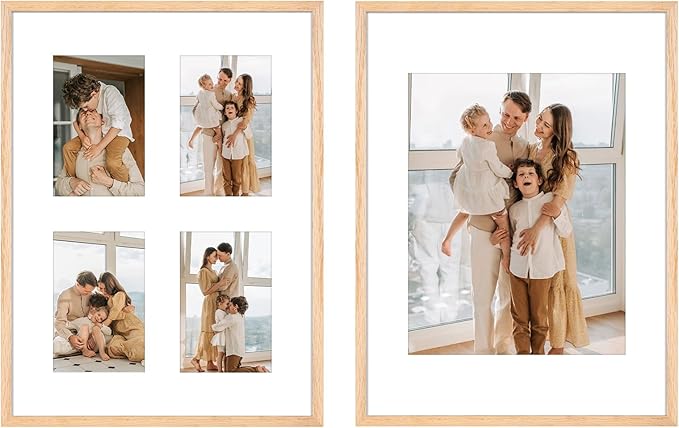 ATOBART 12x16 Picture Frame,OAK Wood Photo Frame 8.5x11 with Mat or 4x6 with 4 Mat with Perspex Glass for Vertical or Horizontal Wall Display for Photo, Christmas Gift,Set of 2