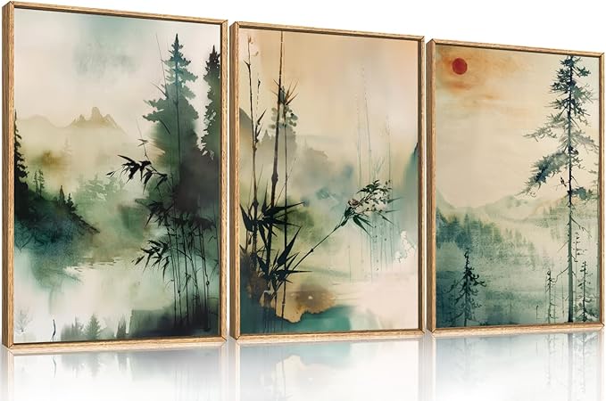 Chinoiserie Nature Framed Canvas Wall Art Set, Mountain and Forest Landscape Painting, Natural Bamboo Pine Tree Lakes Wall Decor for Living Room, Bedroom, Dining Room, Office - 24"x36"x3