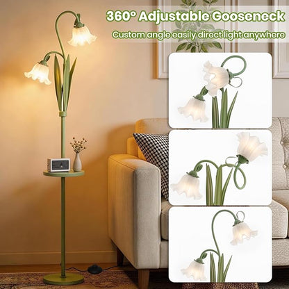 Funky Flower Floor Lamp with Table, Adjustable Gooseneck Floor Lamp with 3 Color Temperature, LED Bright Standing Lamp for Living Room, Bedroom, Corner, for Girl Women