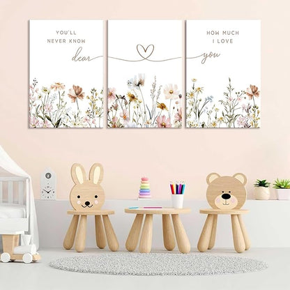 3Pcs Wildflower Nursery Canvas Wall Art Flower Botanical Sentence Poster Painting Picture Wall Decor Boho Girl Nurseries Print Artwork for Nursery Baby Room Living Room Bedroom Home Decoration16x24in