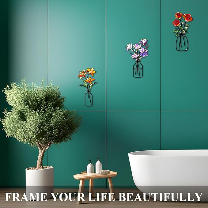 Fanjashn 3 Pcs Metal Flowers Wall Art, Floral Art Wall Decor, Minimalist Flower Wall Decor for Living Room, Bathroom, Bedroom, Kitchen and Dining Room