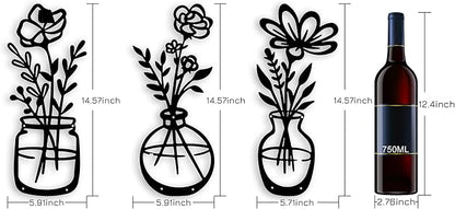 3 Pieces Black Metal Flowers Wall Decor Grandma Mothers Day Gift Birthday Gifts for Women Wall Art Metal Wall Sculptures Hanging for Indoor Kitchen Bathroom Bedroom living room 14.56x5.9 inches