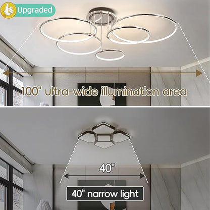 CANEOE Modern Ceiling Light Fixture,Chrome Dimmable Led Ceiling Light with Remote Control for Living Room,5 Rings Flush Mount Ceiling Lamp for Living Room Bedroom Kitchen Lighting Fixtures Ceiling