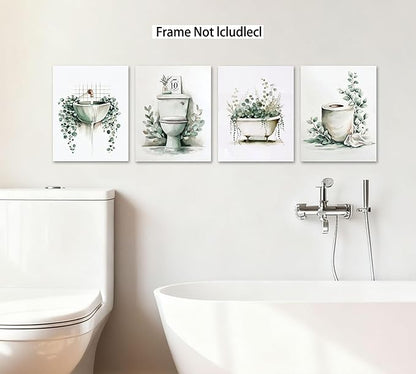 Frimeeme Unframed Green Botanical Bathroom Wall Art Decor,Boho Botanical Eucalyptus Watercolor Prints,Set of 4, 8x10 Inches