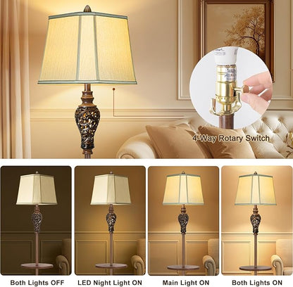 65" High Vintage Floor Lamp with Night Light and Metal Tray, Farmhouse Standing Lamp with Beige Faux Silk Shade, Retro Rustic Tall Lamp Decor for Living Room, Bedroom, Bedside, Corner (Bulb Included)
