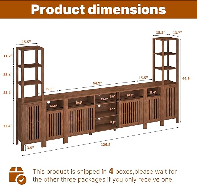 BVIUNTWO Farmhouse TV Stand for 100 inch TVs, Entertainment Center with Bookshelves, 6 Door Media Console with Adjustable Shelves, Storage Cabinet for Living Room Bedroom Home Theater, Rustic Brown