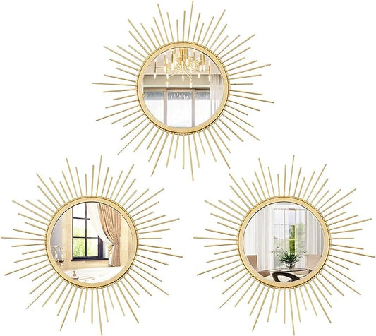 3 Set Sunburst Mirrors for Wall Decor Living Room Bedroom Bathroom Dining Room Metal Boho Sunburst Wall Mirror Set Gold Metal Vintage Circle Art Pack - Gold 15.7 in