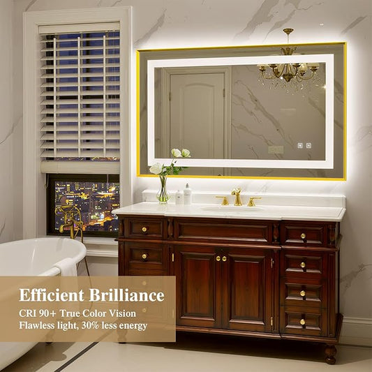 40X24 Inch LED Bathroom Mirror with Lights, Gold Frame Frontlit+ Backlit Bathroom Vanity Mirror for Wall, Ultra-Clear Tempered Glass, Shatter-Proof, Anti-Fog and Memory Function, ETL Listed