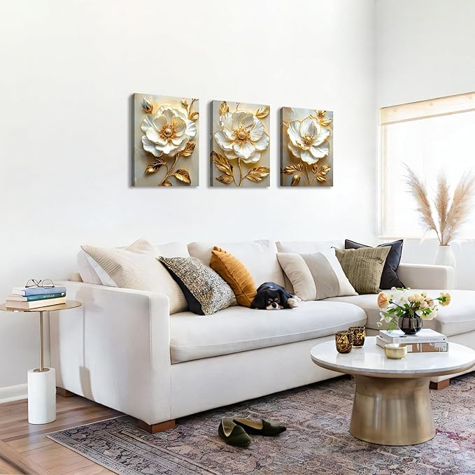Modern White Floral Golden Leaves Canvas Wall Art Set, Neutral 3d Textured Flowers Wall Painting Pictures Boho Beige Blossom Wall Decor Posters Print Artwork for Bedroom Living Room Office 16x24x3Pcs