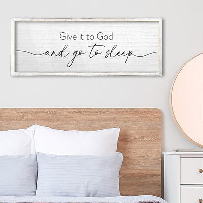 TQianJiang Give It To God And Go To Sleep Wall Decor Sign 24"X10" for Master Bedroom Above Bed Large Wood Framed Wall Art Hanging (White)