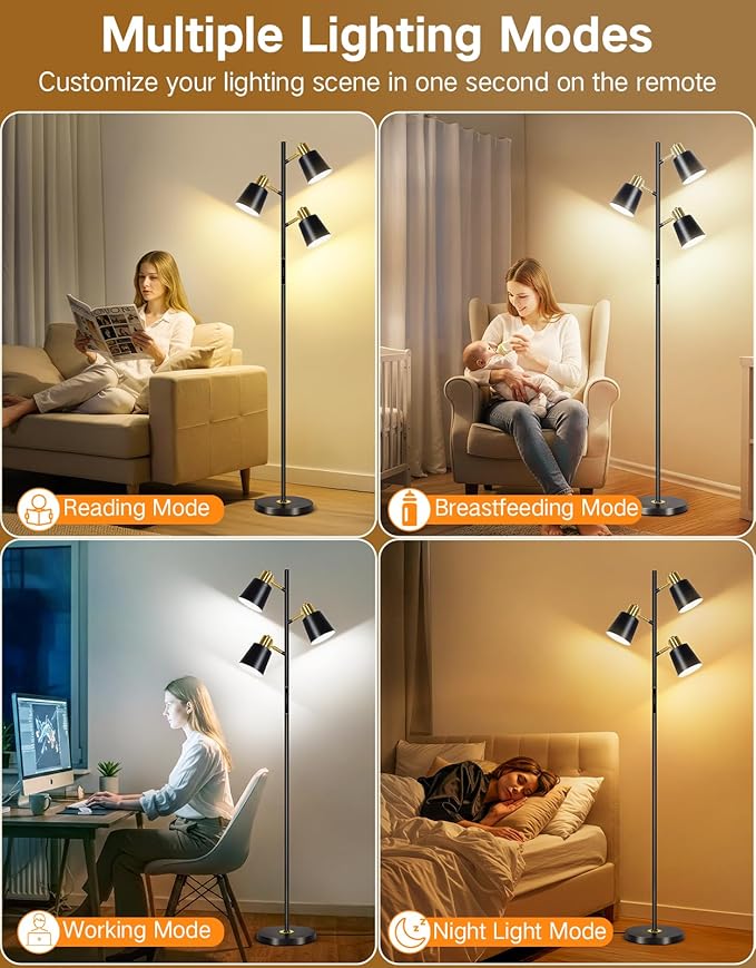 OUTON Tree Floor Lamp, LED Dimmable Floor Lamp with Remote And Touch Slide Control, 4 Color Temperatures, 3 Rotatable Lights, Modern Standing Lamp for Living Room Bedroom Office, Bulbs Included, Black