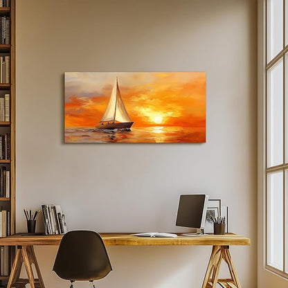 SERIMINO Sailboat Large Wall Art, Ocean Sunset Landscape Canvas Painting, Nature Nautical Scenery Art Prints, Orange Aesthetic Pictures Wall Decor Living Room Bedroom Bathroom Home Office 20"X40"