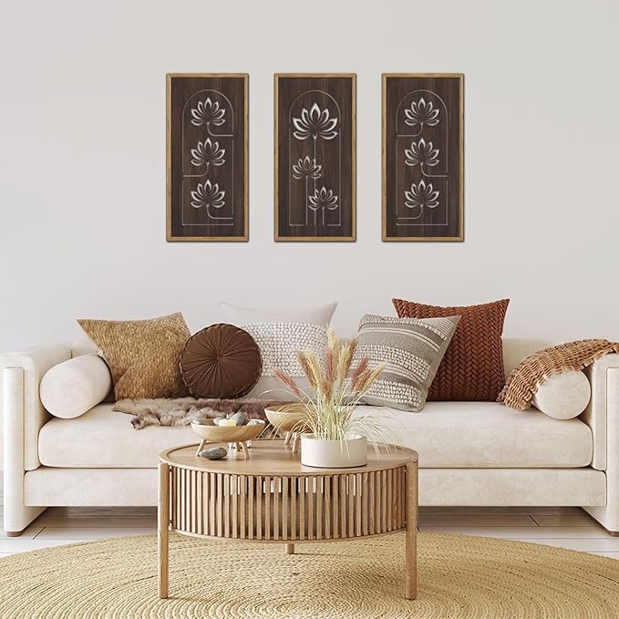 KAIRNE Lotus Wooden Wall Art,Floral Vintage Farmhouse Room Boho Decor,Set of 3(16” X 8”),Framed Mandala Lotus Flowers Wall Decor,Bohemian Retro Wood Hanging Board for Living Room Yoga room Office Decoration