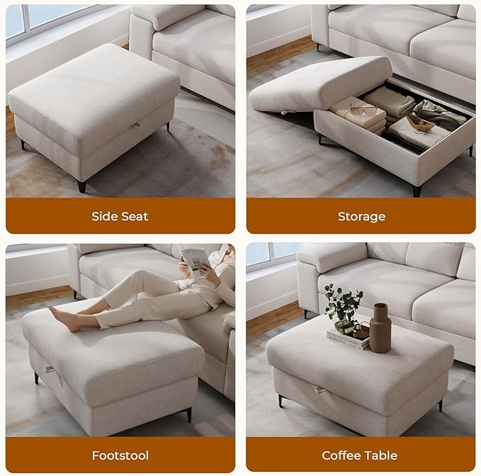 Upvilla 35" Large Storage Ottoman for Living Room, 7.8" Deep Seat Rectangular Ottoman Foot Rest for Couch, Chenille Storage Footstool Load 350 lb （Beige）