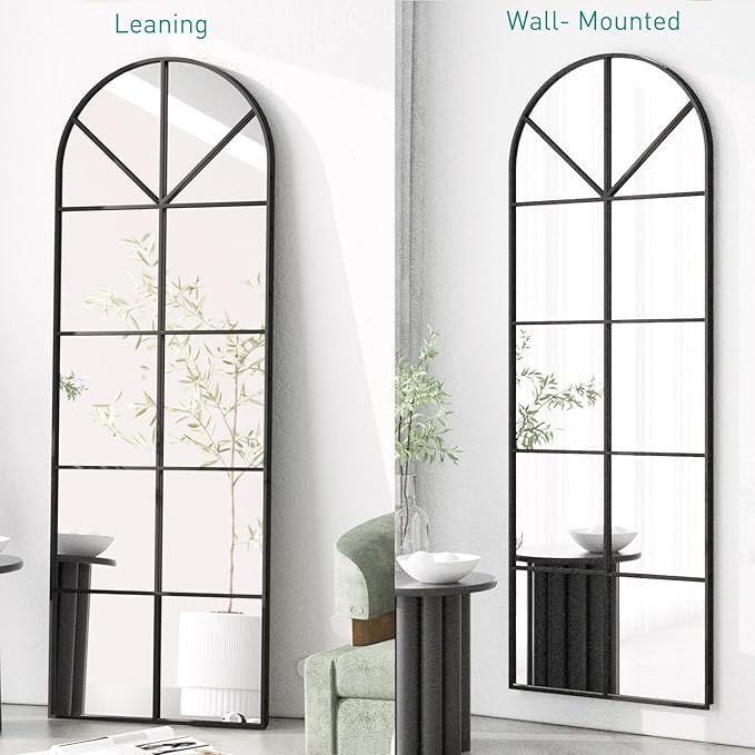 65×22" Arched Window Finished Full Length Mirror, Wall Mirror with Metal Frame, Home Decor Windowpane Mirror, Wall Mounted or Leaning, No Stand - Black