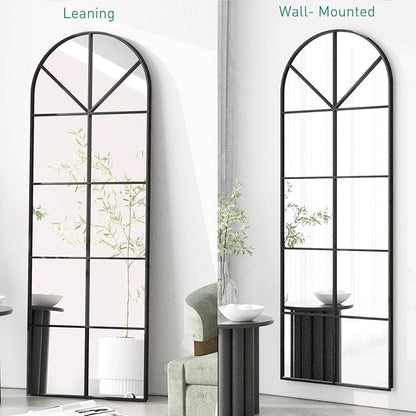 65×22" Arched Window Finished Full Length Mirror, Wall Mirror with Metal Frame, Home Decor Windowpane Mirror, Wall Mounted or Leaning, No Stand - Black