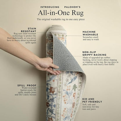 Washable Area Rugs for Living Room: 5x7 Bedroom Rug Vintage Area Rug Stain Resistant Non Slip Low Pile Lightweight Soft Carpets for Dining Room Kitchen Nursery Kids Room Farmhouse Indoor