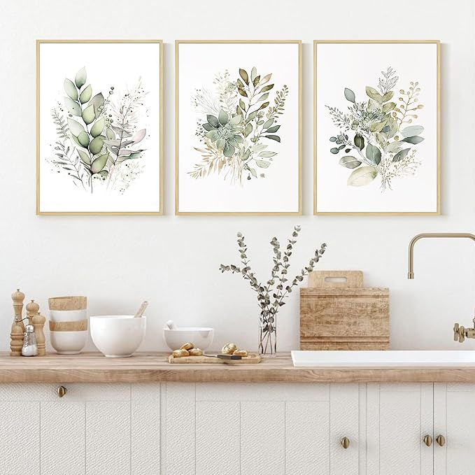 Watercolor Botanical Wall Art Set of 3 Boho Floral Canvas Wall Decor Prints Sage Green Wildflower Wall Art Modern Flower Pictures Botanical Painting for Bedroom Bathroom 12x16 Inch Framed