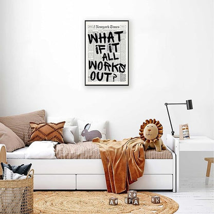 Retro Black And White Newspaper Poster What If It All Works Out Canvas Wall Art Positive Affirming Quote Minimalist Prints Painting For Home Bedroom Dorm Wall Decor 16x24in Framed