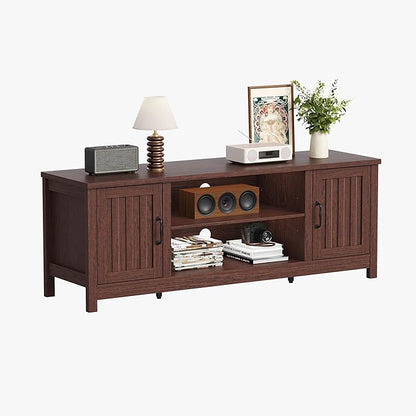 ChooChoo 54" Farmhouse TV Stand for TVs up to 65 inches, Entertainment Center with Storage Cabinets, Open Shelves and Fluted Door, TV Console Table for Living Room, Bedroom, Walnut