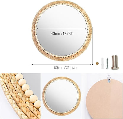 21 Inch Boho Round Hanging Wall Mirror Decorative Rattan Circle Wall Mounted Mirror for Farmhouse, Living Room, Bedroom, Bathroom