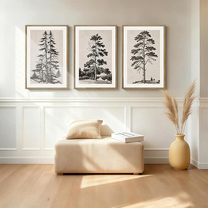 ANHUIB Vintage Tree Sketch Framed Canvas Wall Art 16x24 Inch Neutral Wilderness Forest Paintings Retro Botanical Wall Decor Set of 3 Black and White Landscape Prints for Living Room Bedroom Office