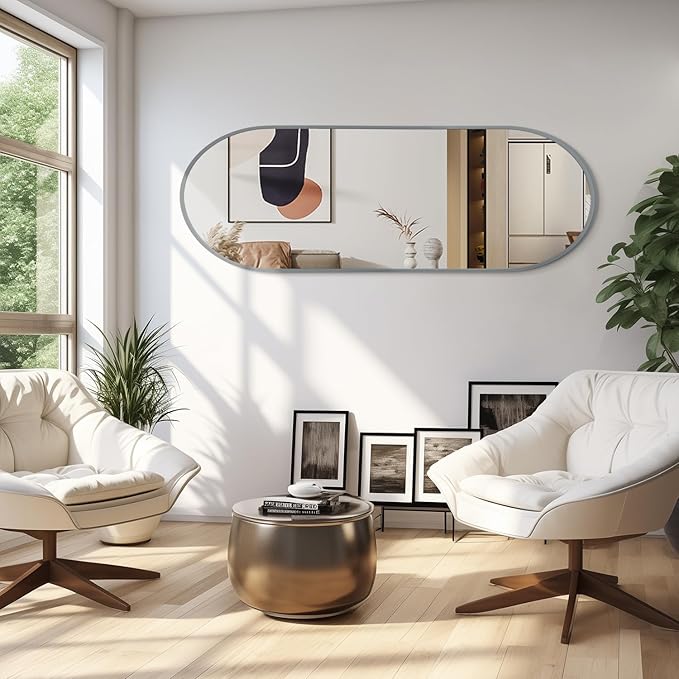 JJUUYOU Oval Full Length Bathroom Mirror 63"X20" Wall Mounted Vanity Mirrors Metal Frame Mirror Aluminum Alloy Frame Mirrors for Bedroom Entryway Living Room,Grey