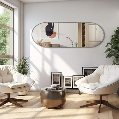 JJUUYOU Oval Full Length Bathroom Mirror 63"X20" Wall Mounted Vanity Mirrors Metal Frame Mirror Aluminum Alloy Frame Mirrors for Bedroom Entryway Living Room,Grey