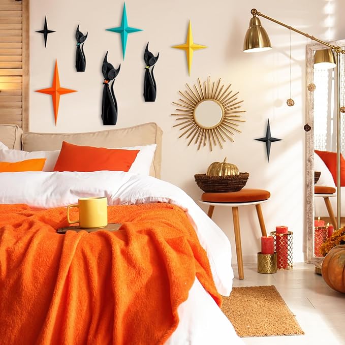 Otoolling 8 Pcs Mid Century Modern Decoration Mcm Retro 3D Atomic Cat Colorful Stars Starburst Wall Art Sculpture for Home Office Living Room Kitchen Bathroom Laundry Room Wall Decor Cat Lovers Gifts