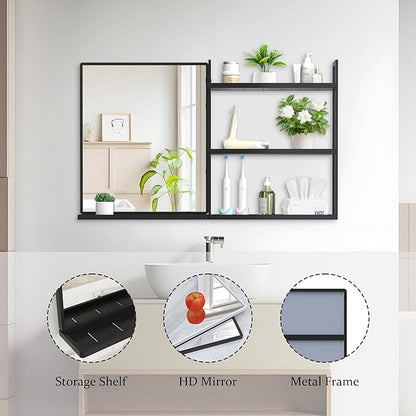 Black Metal Framed Bathroom Mirror with Shelf, 40" X 24.4" Rectangular Wall Mounted Bathroom Vanity Mirror, Modern Bathroom Mirror with Storage for Over Sink, Entryway