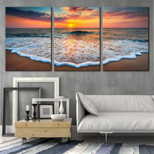 Pacimo 3 Pieces Wall Art Decor Beach Canvas Print Picture Sunrise Ocean Waves Scenery Painting Artwork for Office Wall Decor Home Decoration Stretched and Framed Ready to Hang - 20"x28"x3 Panels