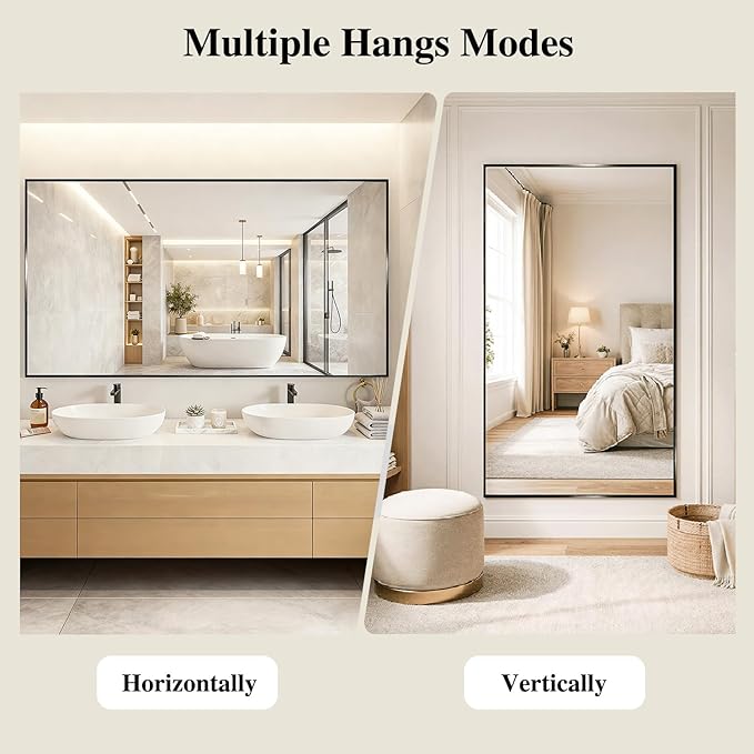 Koonmi Black Mirrors for Wall, 30x60 Inch Bathroom Mirror, Rectangular Wall Mirror for Living Room Bedroom Bathroom, Hangs Horizontally or Vertically