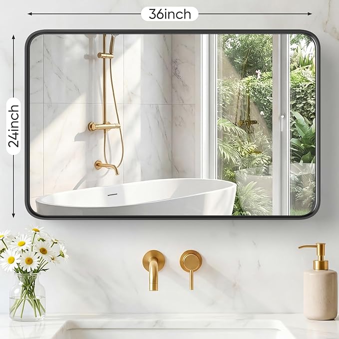 OLIXIS Bathroom Mirror for Over Sink, 36x24 Inch Wall Rounded Rectangle Mirror with Matte Metal Framed, Modern Wall Mount Vanity Mirror for Home Decor, Living Room, Bedroom, Black
