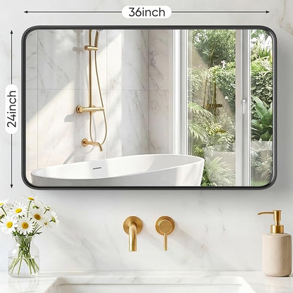 OLIXIS Bathroom Mirror for Over Sink, 36x24 Inch Wall Rounded Rectangle Mirror with Matte Metal Framed, Modern Wall Mount Vanity Mirror for Home Decor, Living Room, Bedroom, Black