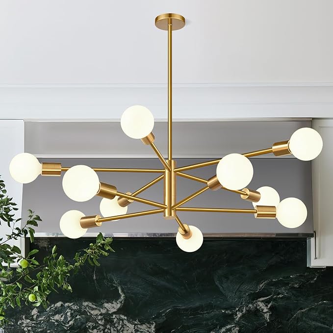 10.9"-52.3" Height Adjustable Sputnik Chandeliers Dining Room Light Fixture (10-Light, 32-Inch), Modern Brushed Gold Chandelier, Mid Century Modern Chandeliers for Bedroom Kitchen (Bulbs Not Included)